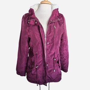 Ambiance Burgundy Outerwear Zipper Hood Faux Fur Jacket Coat Size Small